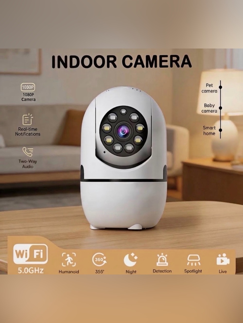 Camera White Indoor Wi‑Fi Security Camera with Color Night Vision